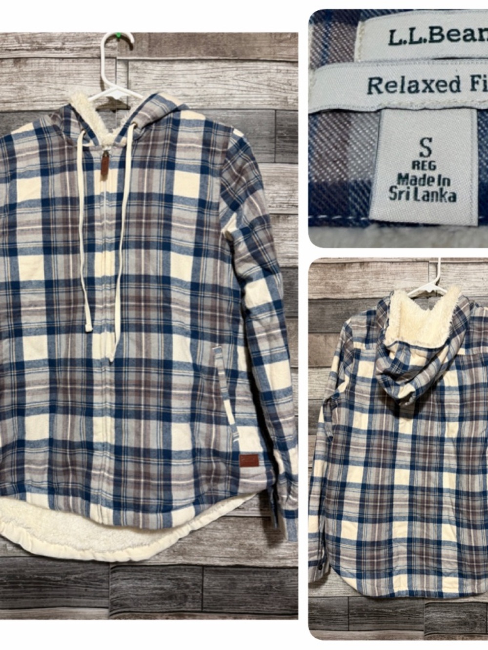 LL Bean Relaxed Sherpa Lined Flannel Hoodie Jacket Women’s S Cream Blue Full Zip
